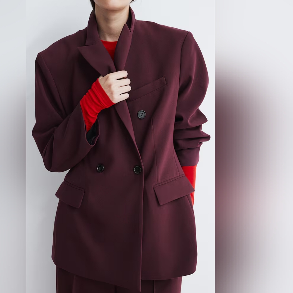 NWT H&M Burgundy Double-breasted Hourglass Blazer w/ Shoulder Pads Red Size XS